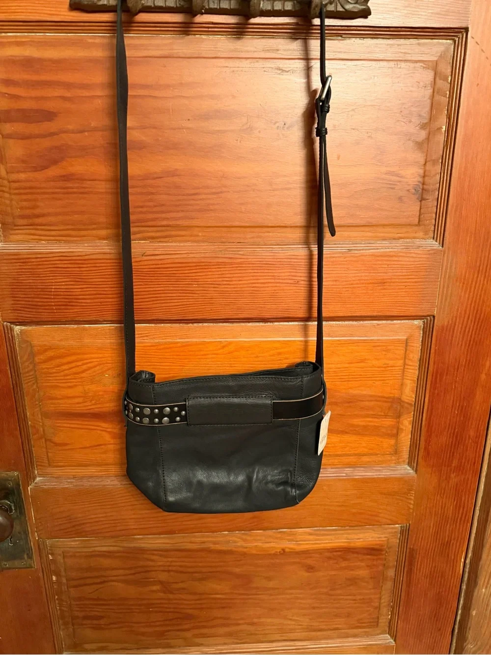 Free People Black Leather Studded Belt-Detail Bucket Shoulder Bag
